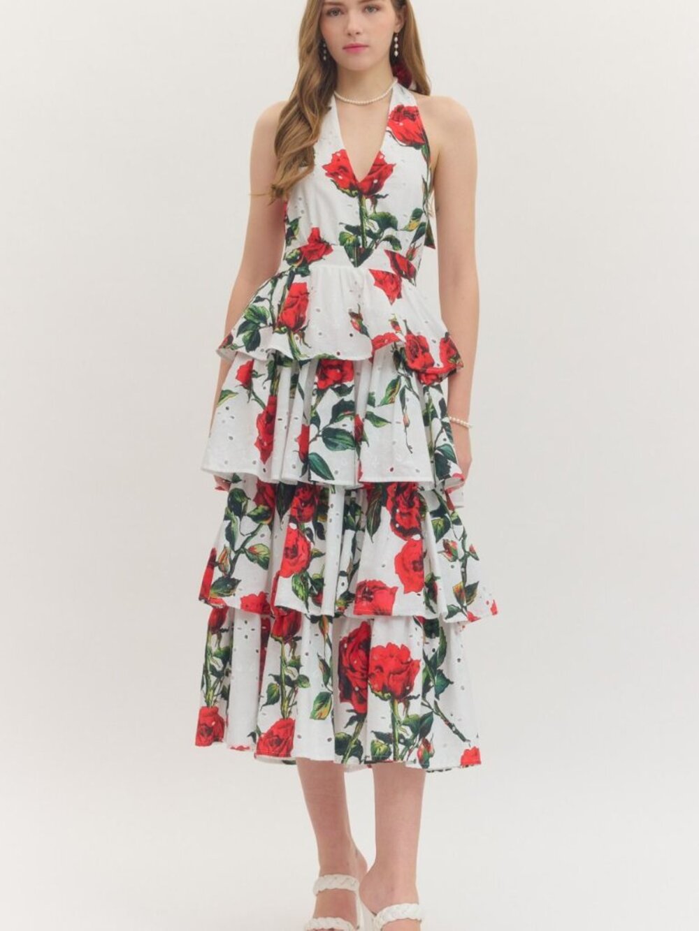 Entro White & Red Floral Tiered V-Neck Summer Dress size small